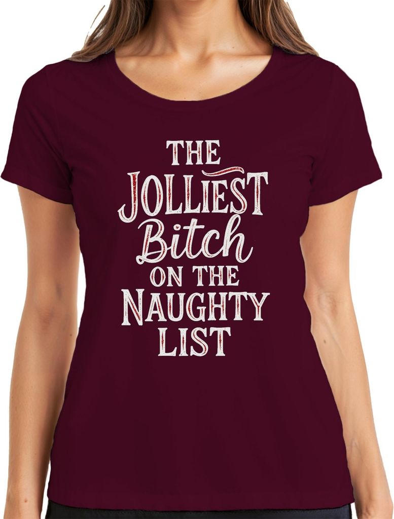 The Jolliest Bitch on the Naughty List Weihnachten frech lustig Damen T-Shirt, Burgundy, 3XL
