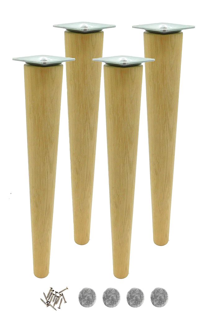 Four wooden table legs with metal mounting plates and screws and felt pads on a white background.