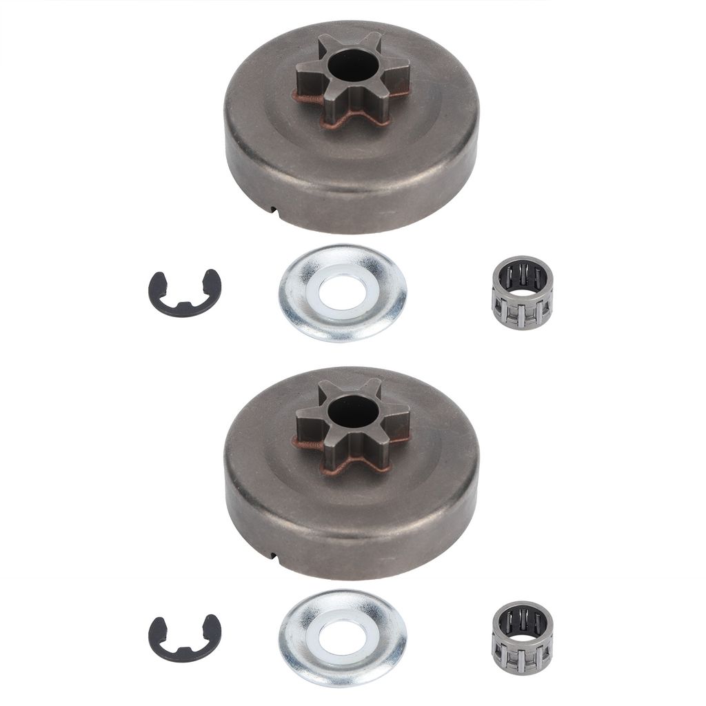 Two sets of chainsaw clutch drums and sprockets with associated hardware are laid out on a white background.