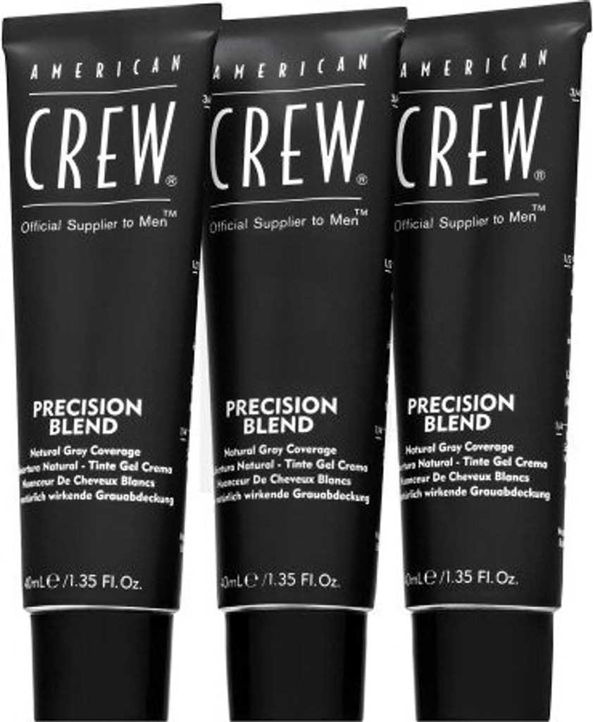 Three tubes of American Crew Precision Blend Natural Gray Coverage hair product are displayed side-by-side against a light gray background.