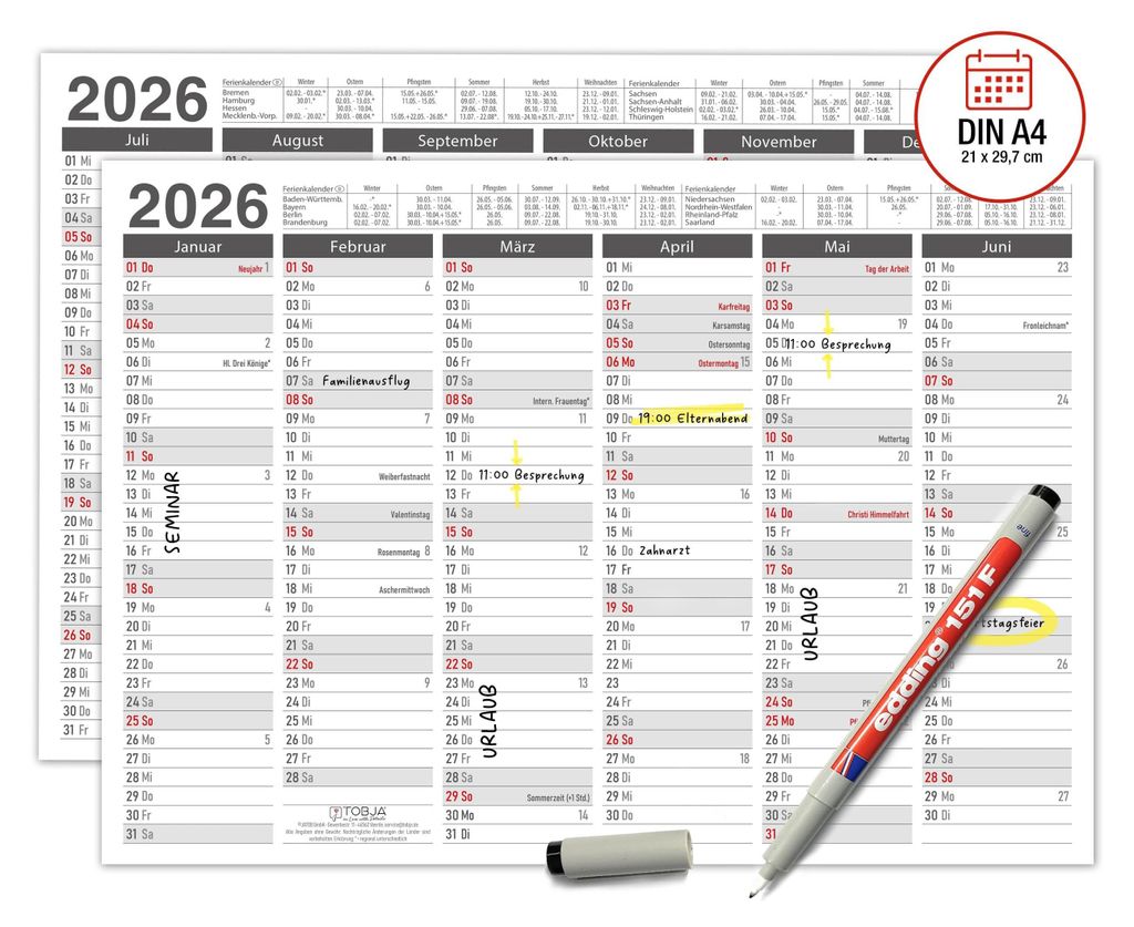 Abwischbarer Wandkalender 2026 A4 - "Grau" Jahresplaner Produktbild 