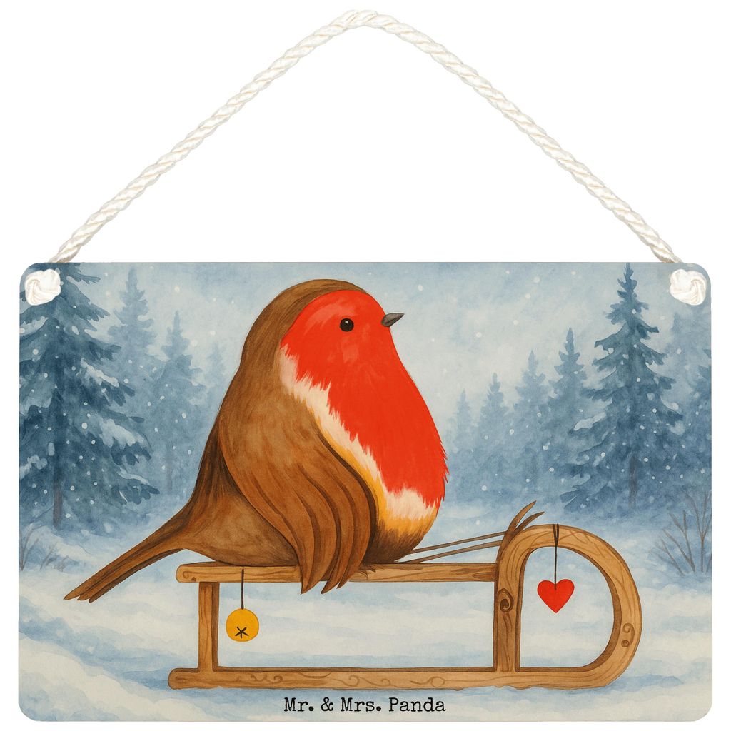 Mr. & Mrs. Panda Schild Rotkehlchen Schlitten Design DIN A4 - Weiß - Geschenk, kleine aufmerksamkeit, Weihnachten, Vogel, Holzschild, holzbild, wa...