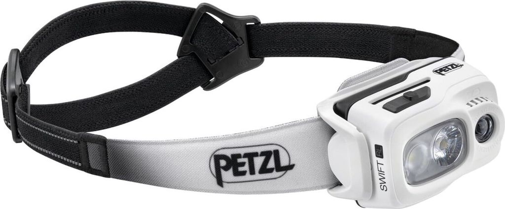 A white and gray Petzl headlamp with a black adjustable strap.