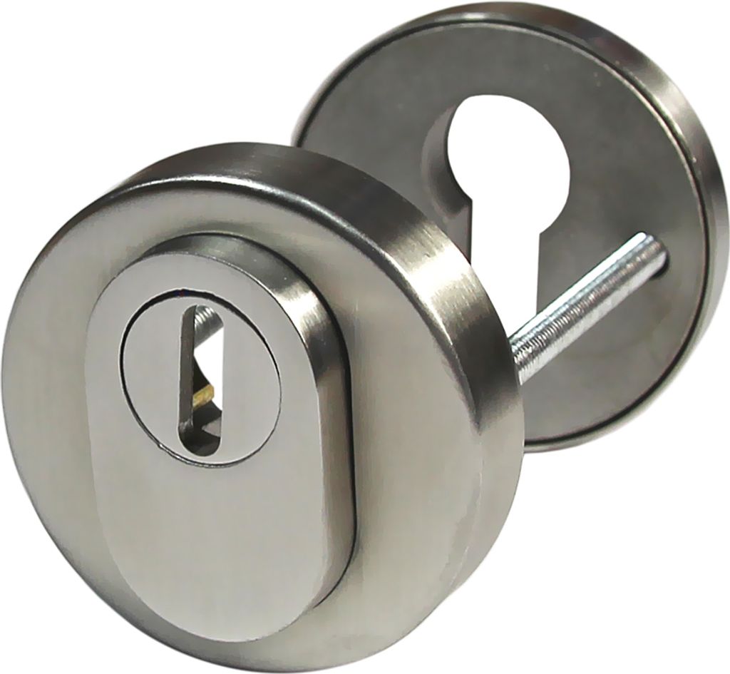 A close-up studio shot of a stainless steel door escutcheon with a keyhole.