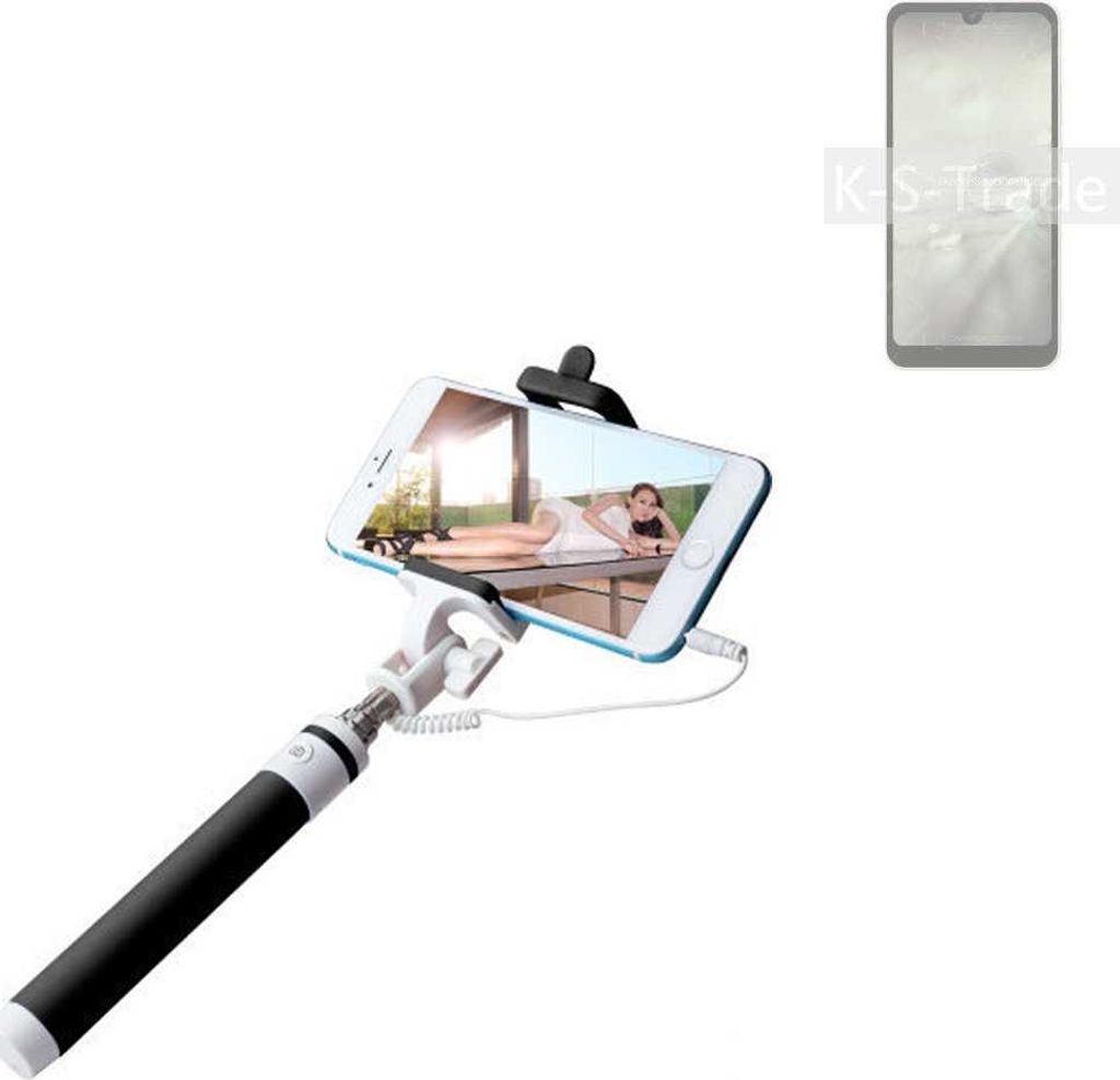 K-S-Trade Selfie Stick kompatibel mit Sharp Aquos Wish2 Selfiestick kabelgebunden Monopod mit Kabel Stab Stange Selfportrait Handheldstick schwarz 1x