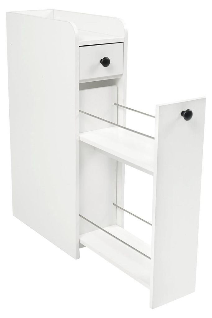 Schmaler, rollbarer Badezimmerschrank mit offenem Fach und 2 Schubladen