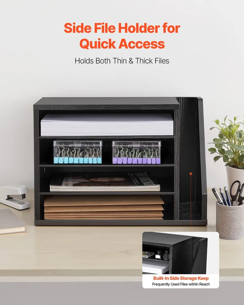 Trieur de documents 4 compartiments en bois noir avec porte-revues A4