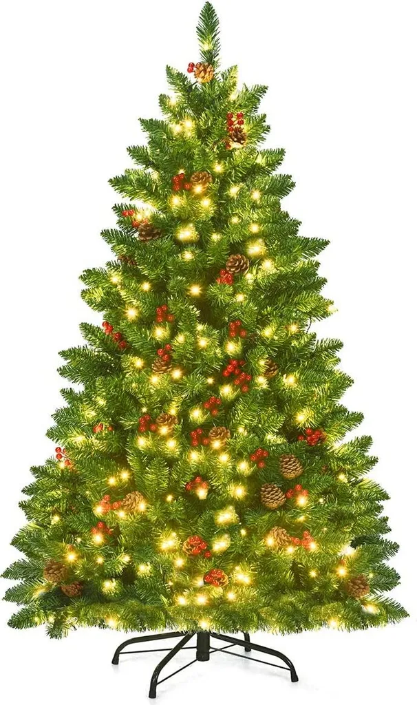 Sapin de Noël Artificiel 135cm COSTWAY avec LED et Pommes de Pin Vert