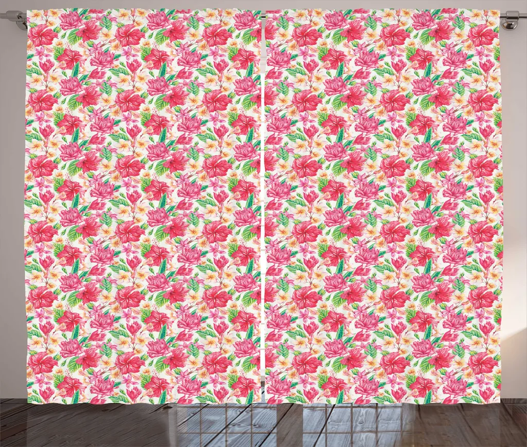 Rideau à Fronces ABAKUHAUS Hibiscus avec Crochets, Rose et Vert, 280x225 cm