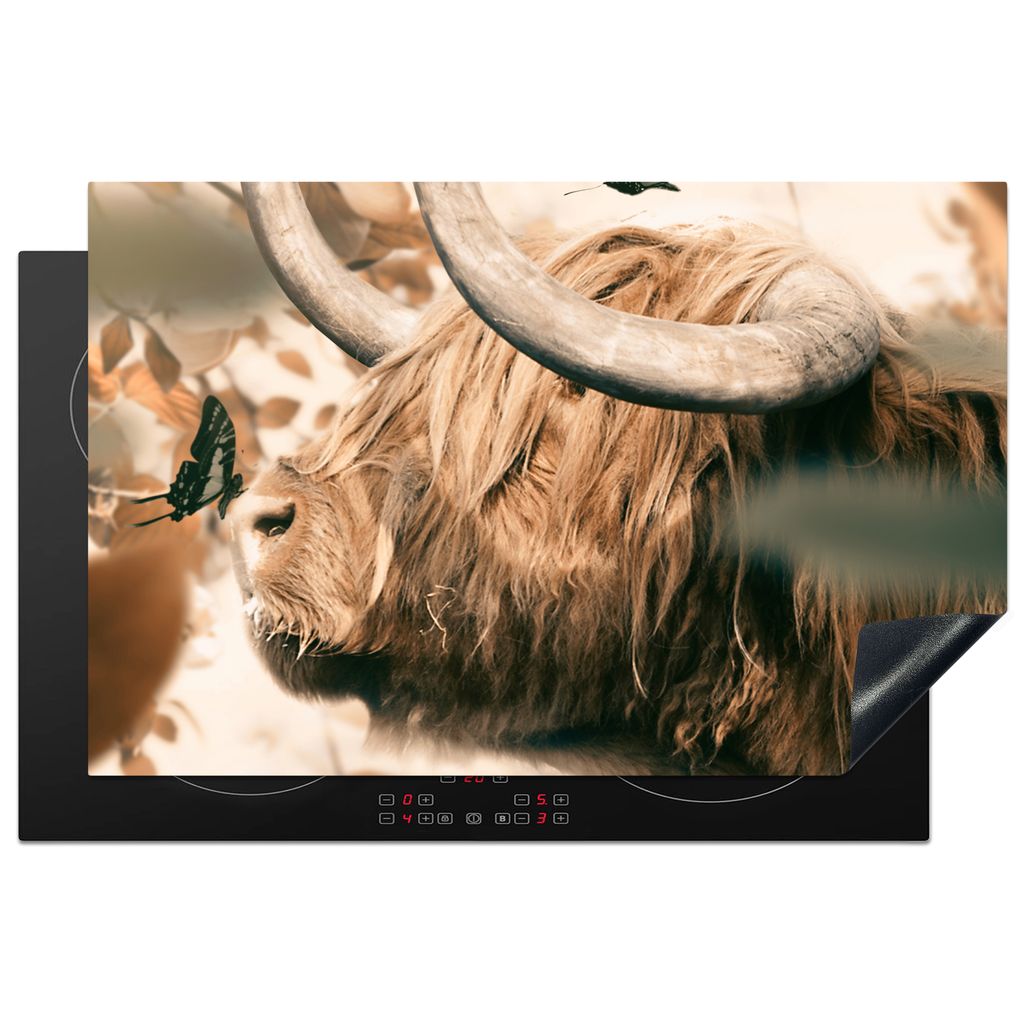 KitchenYeah Herdabdeckplatte Schottische Highlander - Sonne - Schmetterlinge , 80x52cm, Küche Deko, Glaskeramikkochfeld Herdabdeckung, Abdeckpla...