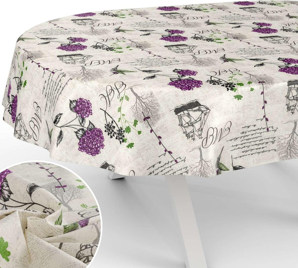 Tischdecke Hortensien mit Blumen Botanik aus Stoff Tischwäsche mit Beschichtung Tischtuch Barock Beige Oval Breite 140cm Länge 220cm mit Schnittk...