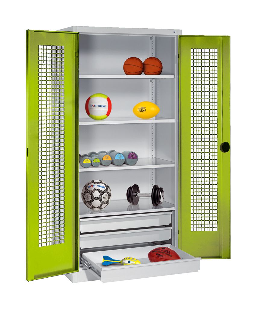 C+P Sportgeräteschrank mit Schubladen und Lochblech-Flügeltüren (Typ 4), HxBxT 195x120x50 cm, Ergo-Lock Muldengriff, Clowngrün (RAL 110 80 60),...