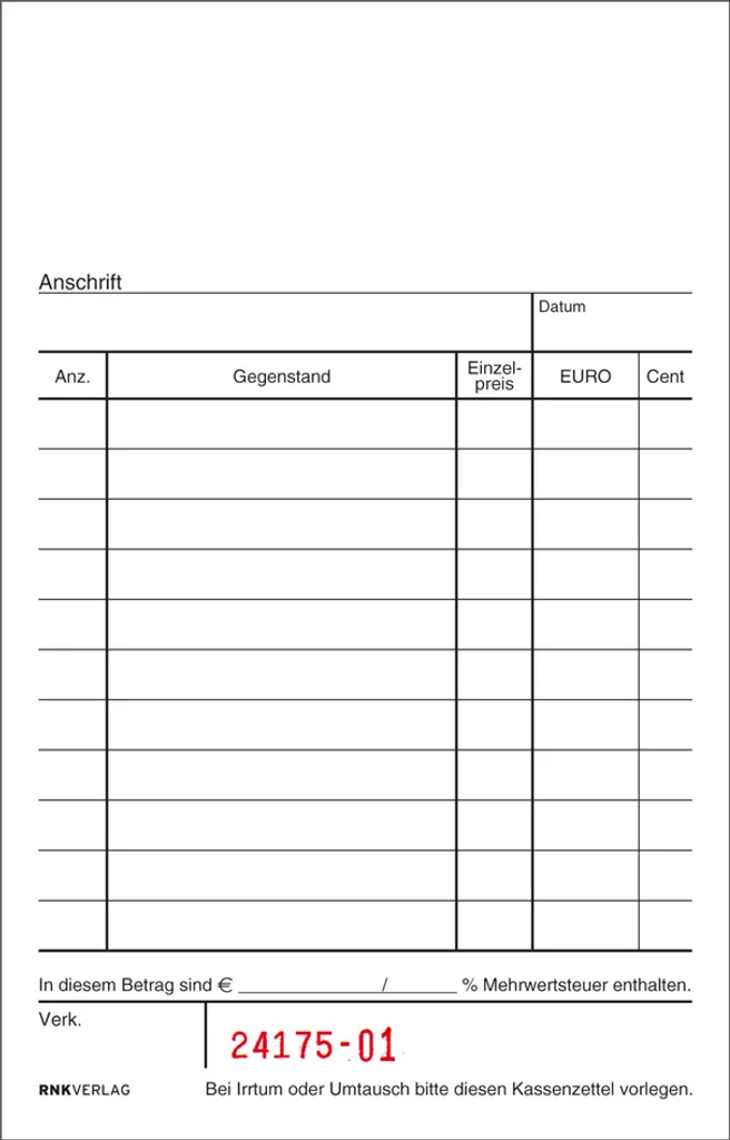 RNK Verlag 2952 Blocco Cassa Numerato 96x167mm - 2x50 Fogli Autoricoprenti