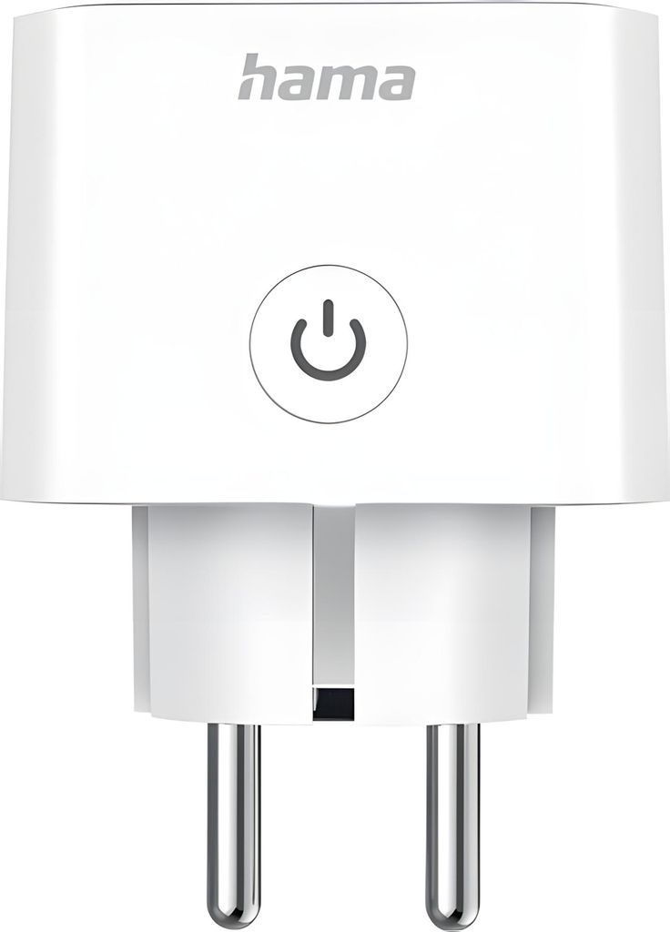 A white smart plug with a power button symbol.