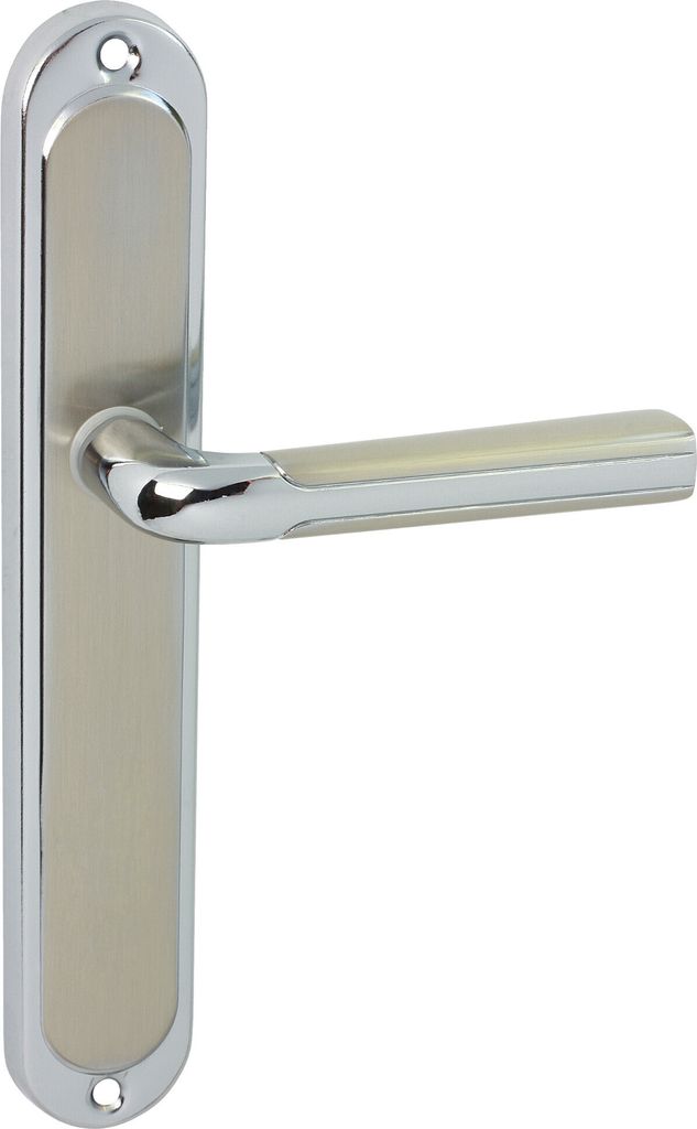 A silver and gray door handle on a white background.