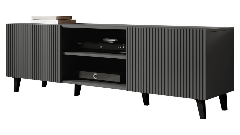 MIRJAN24 TV-Lowboard Vamos Grey 150, TV-Schrank mit 2 Türen, TV-Tisch, Fronten gefräst, L: 150 cm (Farbe: Anthrazit)
