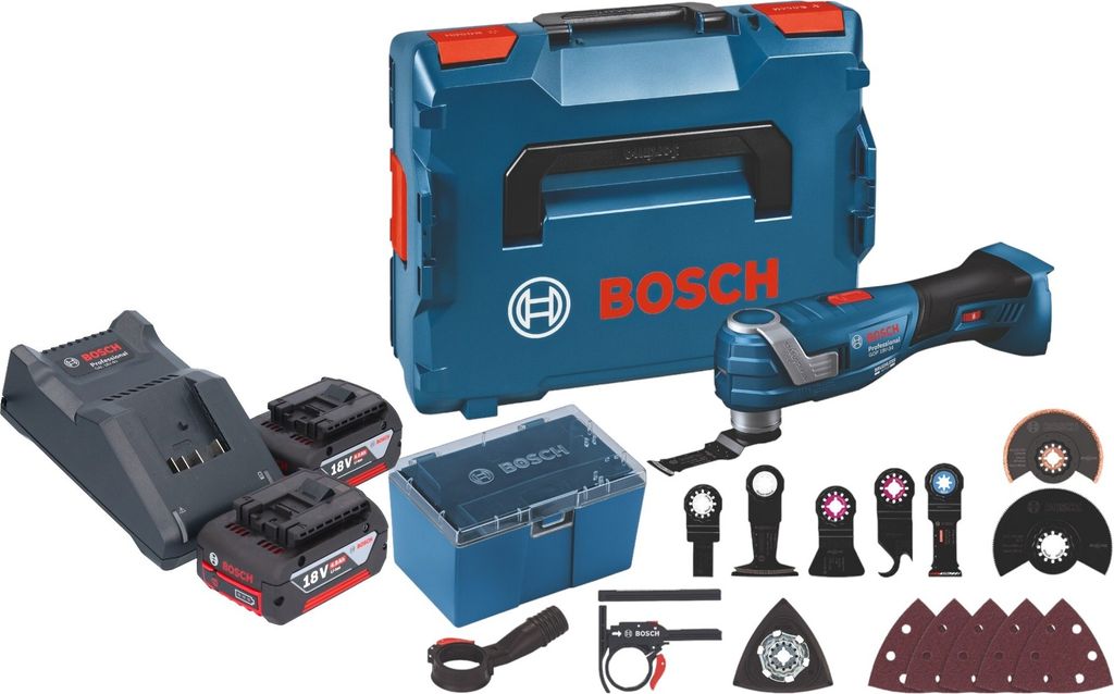 Bosch GOP 18V-34 Professional Akku Multi Cutter 18 V Starlock Plus + 2x Akku 4,0 Ah + Ladegerät + 17 tlg. Zubehör + L-Boxx