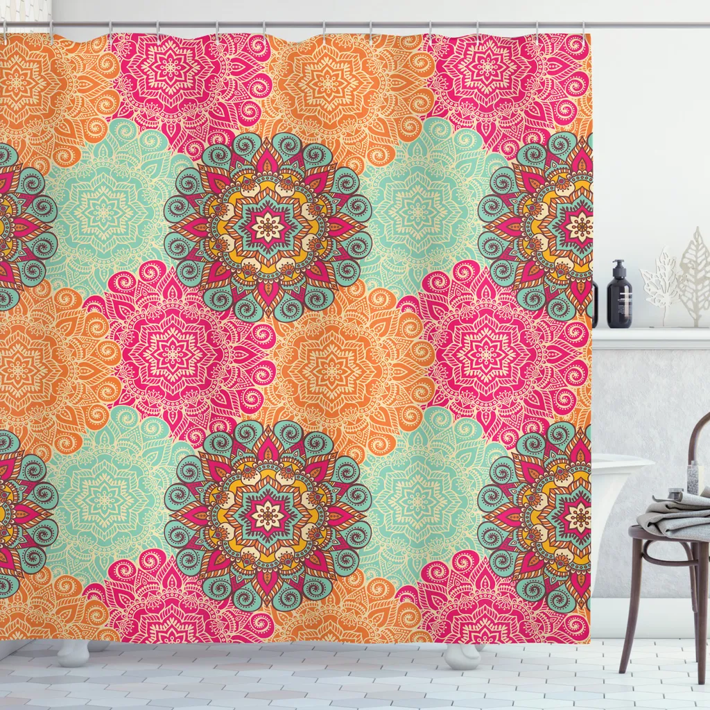 ABAKUHAUS Tenda da doccia Mandala, Mandala tribale antico, Impermeabile, incl. 12 anelli, Resistente a batteri e muffe, 175 x 180 cm, Fucsia Arancione