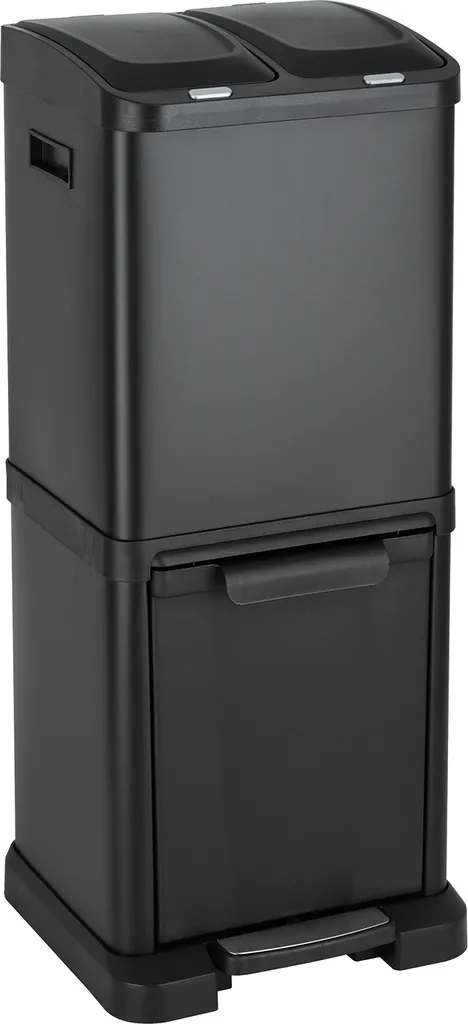 Poubelle Tri Sélectif 32L Acier Noir - Système 3 Compartiments à Tiroir