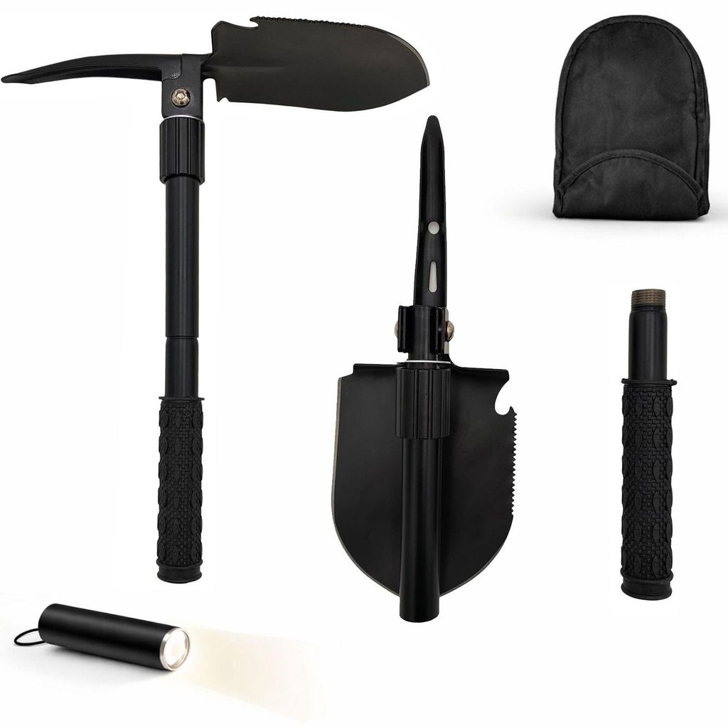 BURI Klappspaten 6in1 mit Tasche & Taschenlampe – faltbarer Campingspaten aus Edelstahl & legiertem Stahl – Multifunktions Spaten mit Säge Hac...