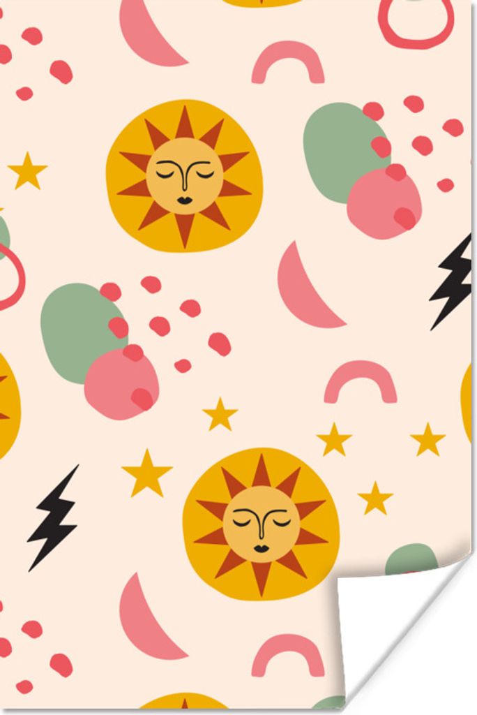 MuchoWow Poster Sonne - Mond - Sterne - Muster 60x90 cm - Wanddekoration