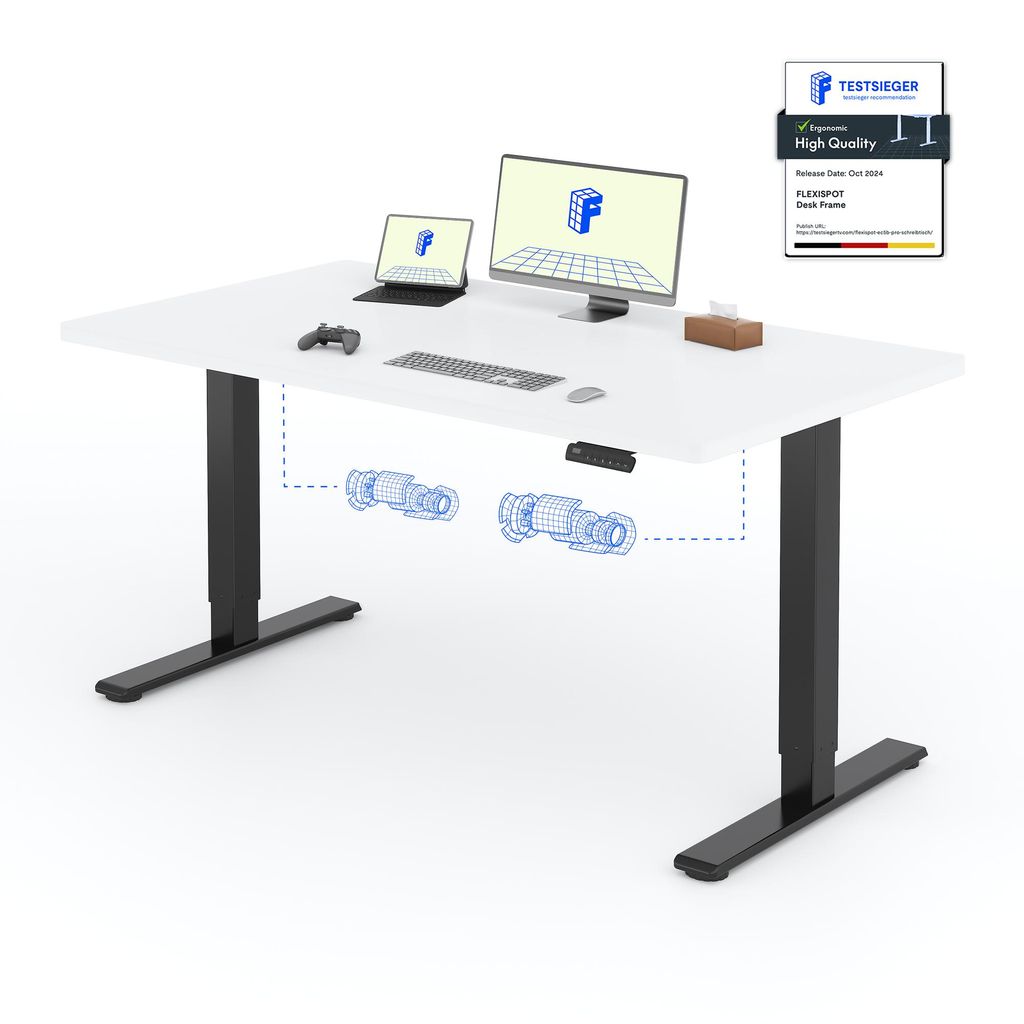 A white adjustable desk with black legs, equipped with a laptop, monitor, keyboard, mouse, and game controller. The desk's internal mechanism is illustrated with wireframe diagrams.