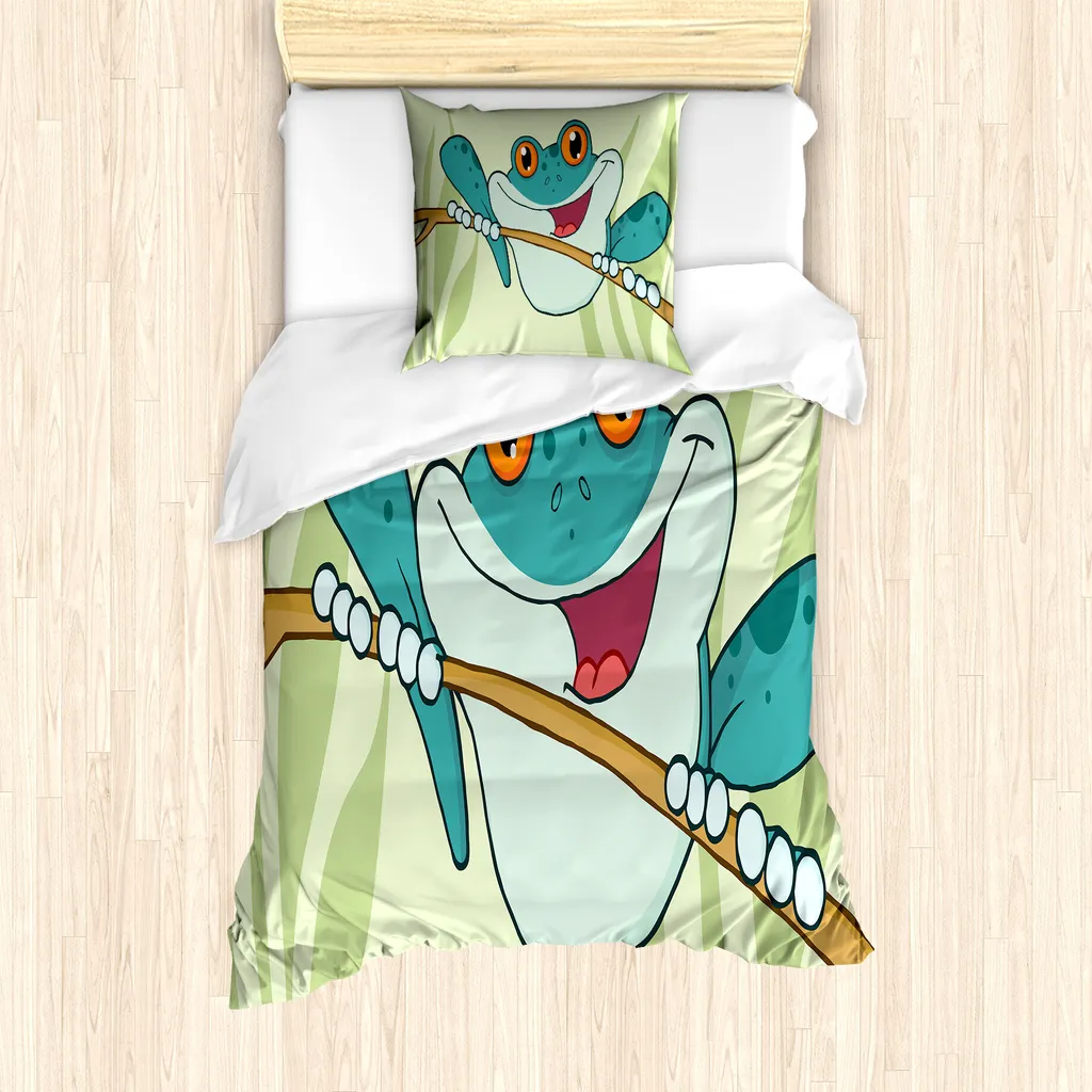 ABAKUHAUS Set copripiumino per letto singolo con motivo rane, animali felici nella natura, antiacaro, adatto a chi soffre di allergie, con federa, 135 cm x 200 cm - 80 x 80 cm, verde pastello multicolore