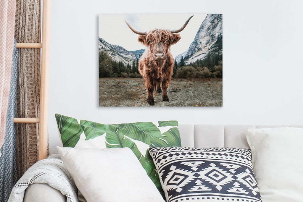 MuchoWow - Leinwandbilder - Schottischer Highlander - Berg - Tiere, Wandbild, Wanddeko Bilder Wohnzimmer, 40x30 cm
