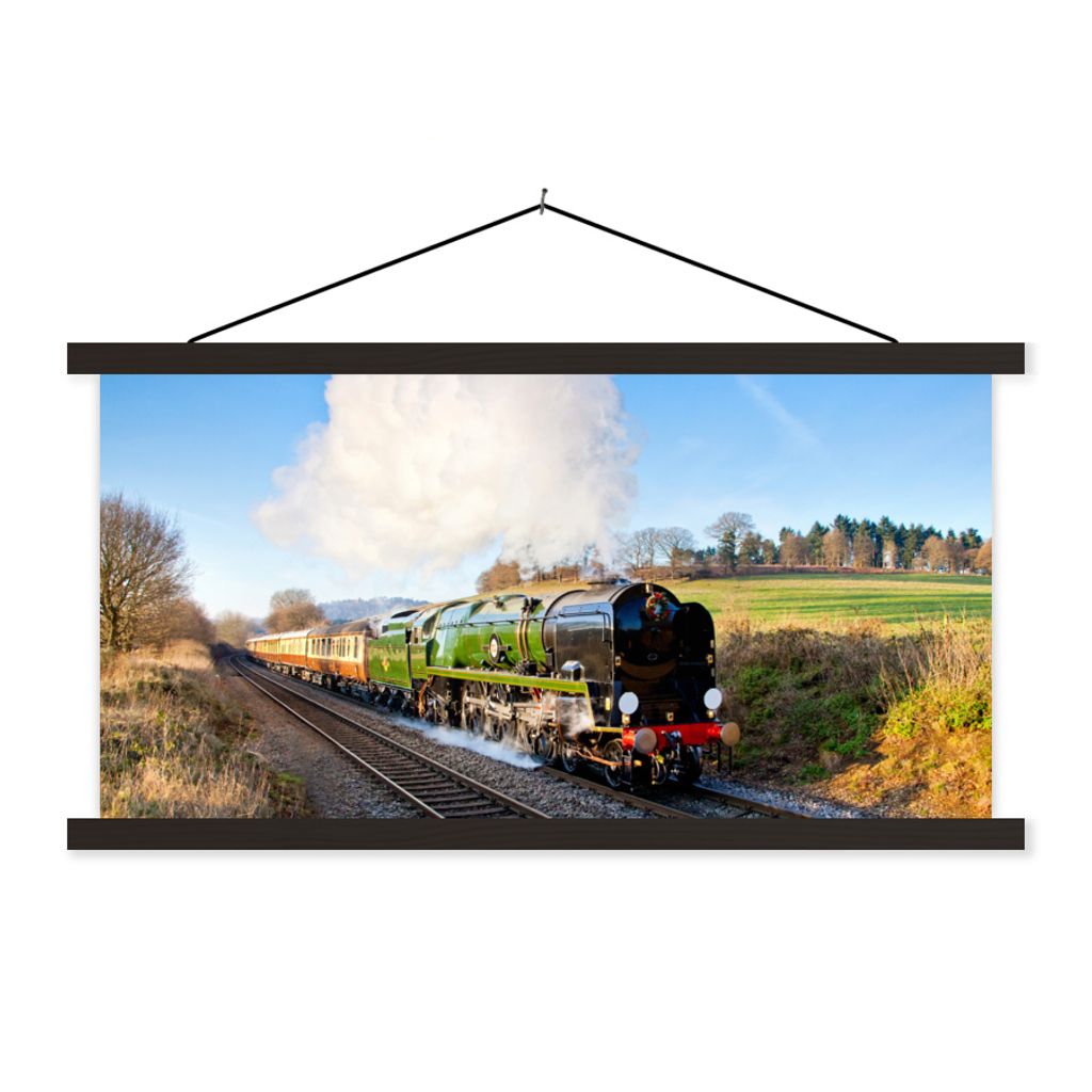 MuchoWow Textilposter Ein bunter Dampfzug in einer grünen Landschaft 90x45 cm mit schwarzem Rahmen - Klemmleisten