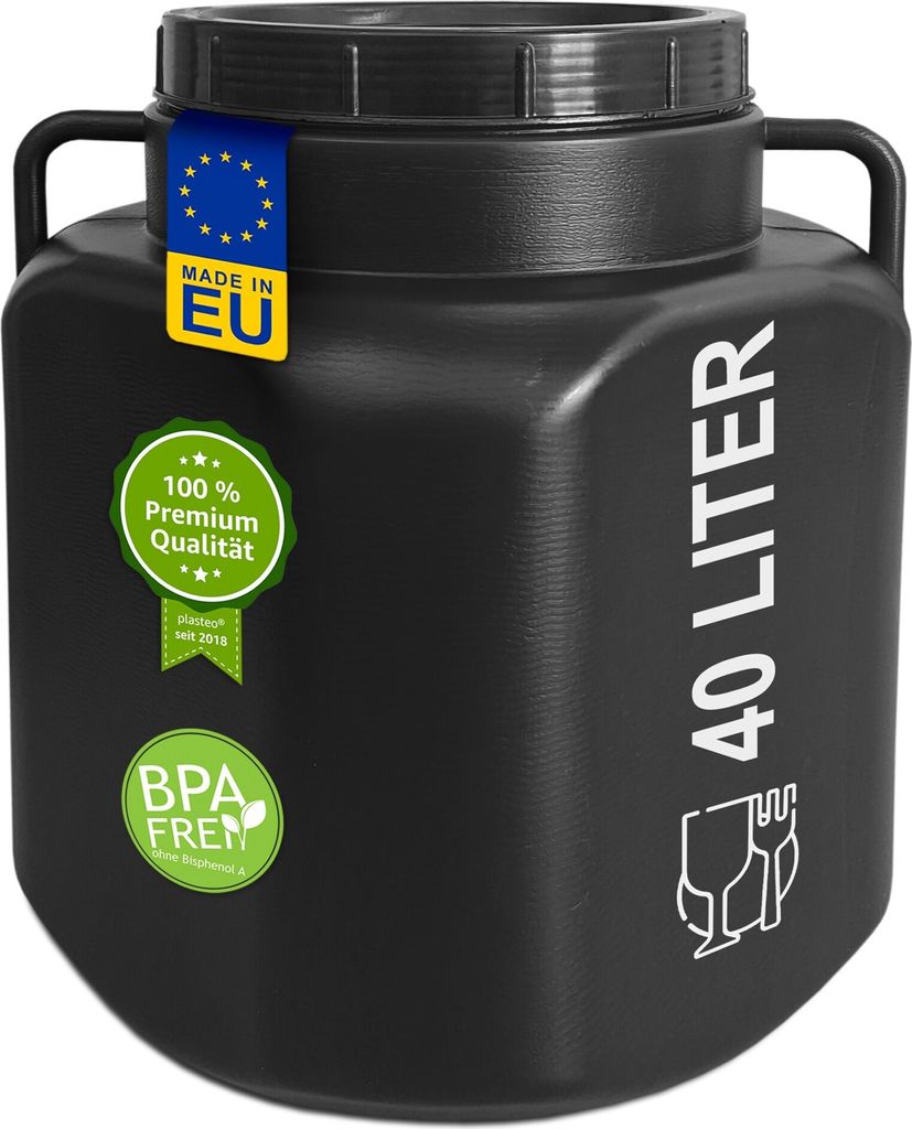 plasteo 40 Liter Weithalsfass schwarz eckig mit Deckel und Griffen, Lebensmittelecht BPA-Frei Gepäcktonne Sauerkrautfass Futtertonne Universalfass