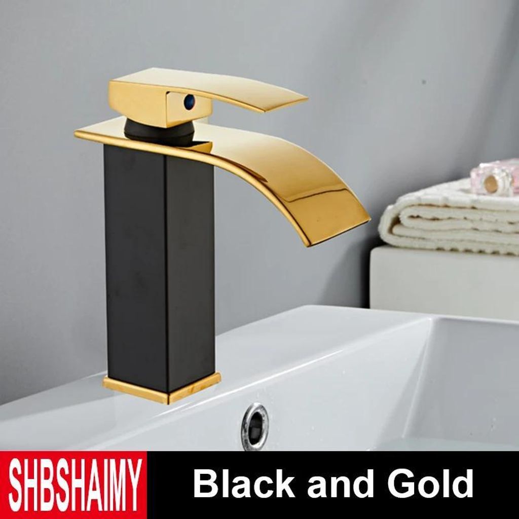 Waschtischarmatur - Einloch-Mischbatterie - Warm/Kalt Mischer - Keramik-Kartusche - Deckmontage - Einhebel - Wasserfall-Auslauf - Schwarz/Gold