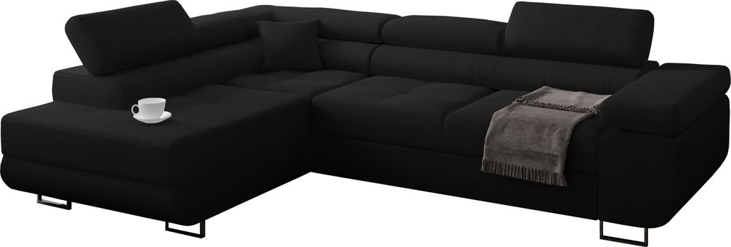 Ecksofa mit schlaffunktion und bettkasten, Sofa L-form, Couch L-form Webstoff Schwarz + Schwarzer Ottomane Links