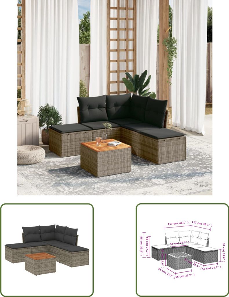 The Living Store 6-tlg. Garten-Sofagarnitur mit Kissen Grau Poly Rattan
