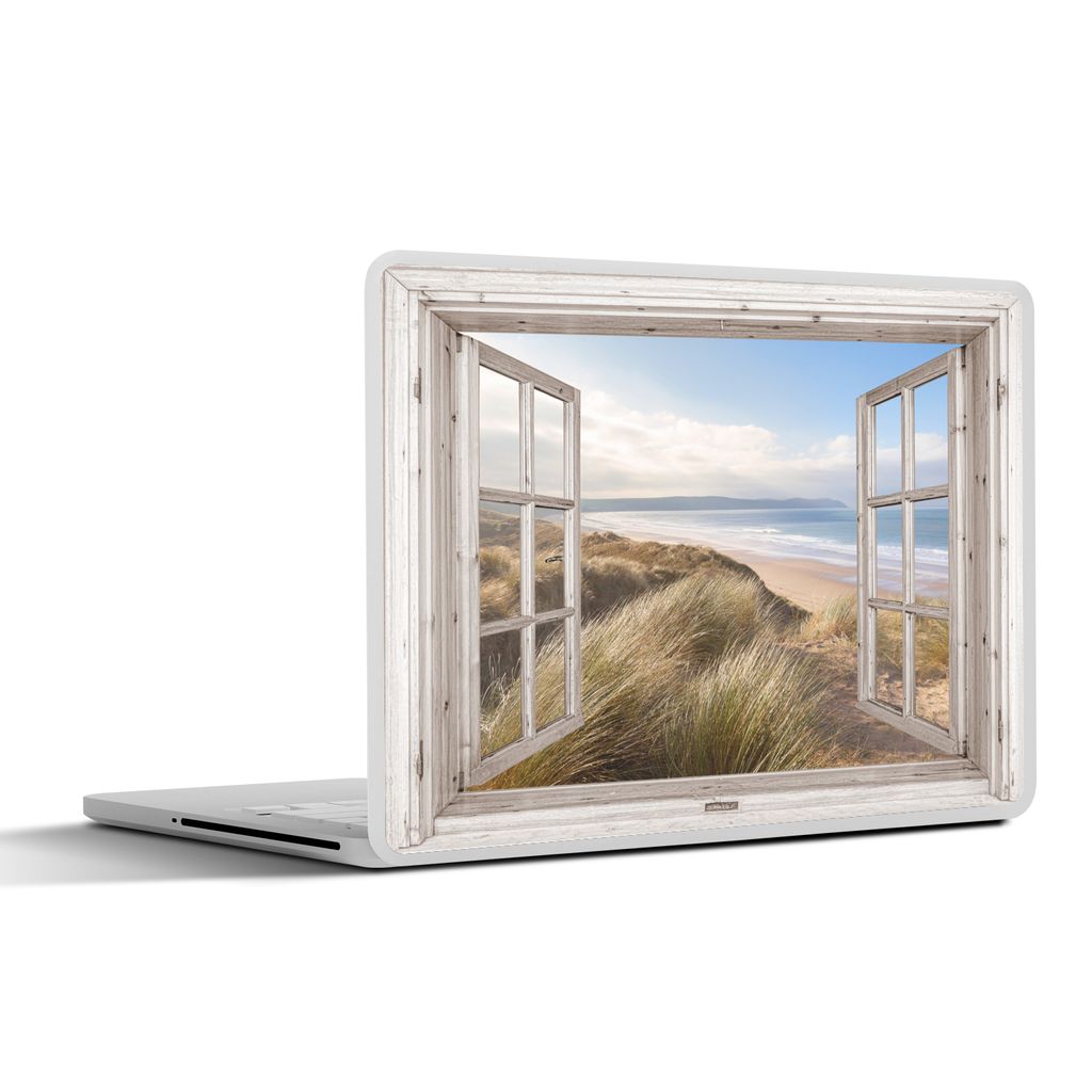 MuchoWow Laptop Aufkleber Sticker Cover Durchblick - Strand - Meer - Dünen - Strandgras - Sand - Blau 31x22.5 cm - Laptop-Deko