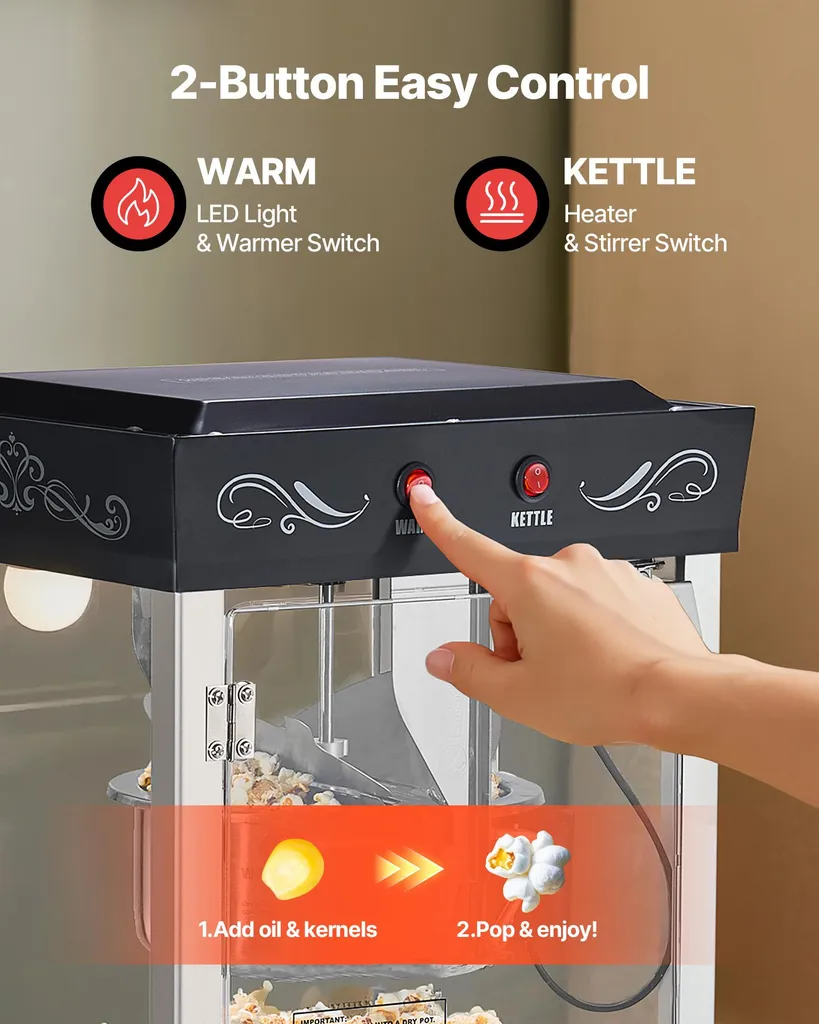 SucceBuy macchina per popcorn con bollitore in acciaio inox, macchina per popcorn commerciale da 800 W, 48 tazze per carico, design cinematografico, con semplice controllo a 2 pulsanti, pareti in vetro, porta PC, 1 porzionatore, 3 cucchiai, nero - 5