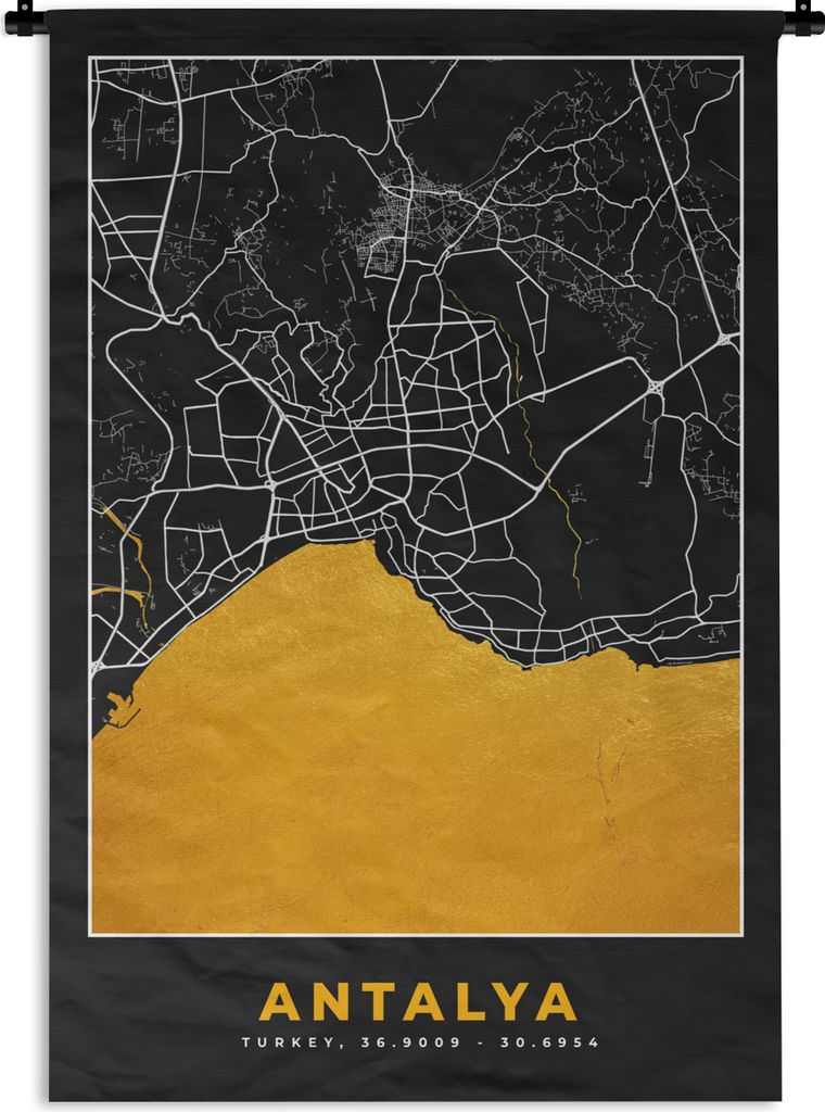 MuchoWow Wandteppich Wandbehang Antalya - Stadtplan - Gold - Karte 90x135 cm Tapisserie Dekoration Wandtuch - Baumwolle - Wandskulptur