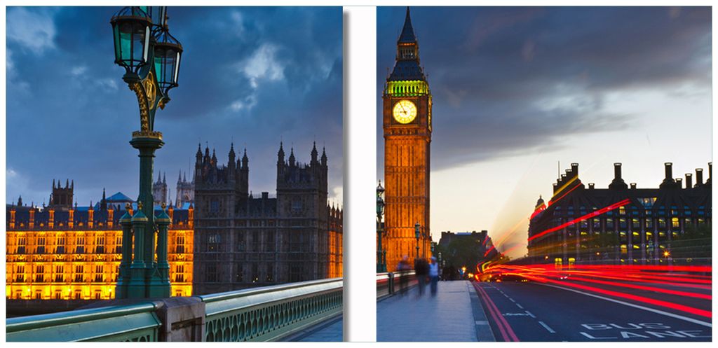 Wallario 2er Set Wandbilder aus Acryl, 50 x 50 cm, freischwebende Optik - London- Big Ben bei Nacht