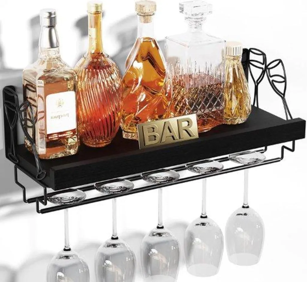 Range-bouteilles double niveau bois noir et plateau verre de service