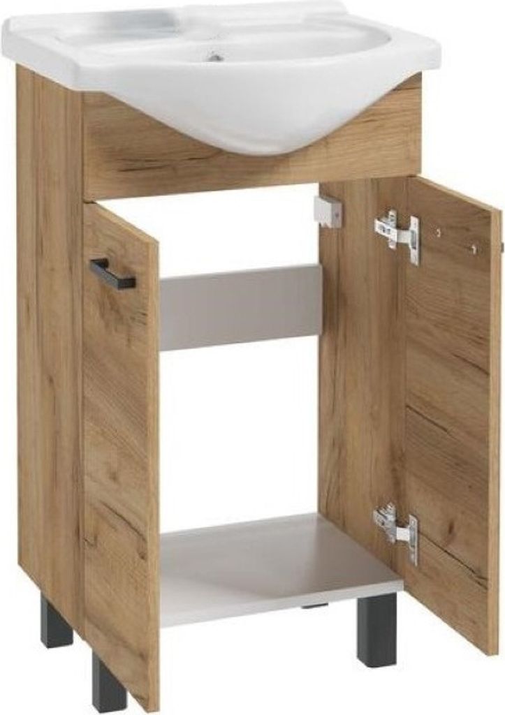 A bathroom vanity with a sink and cabinet.