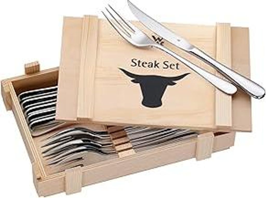 WMF Steakbesteck 12-teilig, Steakbesteck Set für 6 Personen, Steakmesser Set, Steakgabel, Cromargan Edelstahl poliert, Grillbesteck in Holzkiste