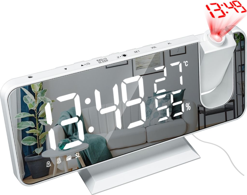 Projektionswecker,Led Digital Wecker mit Projektion 180 °,Radiowecker mit USB-Anschluss großem LED-Anzeige Snooze Dual-Alarm,4 Projektionshelligkeit