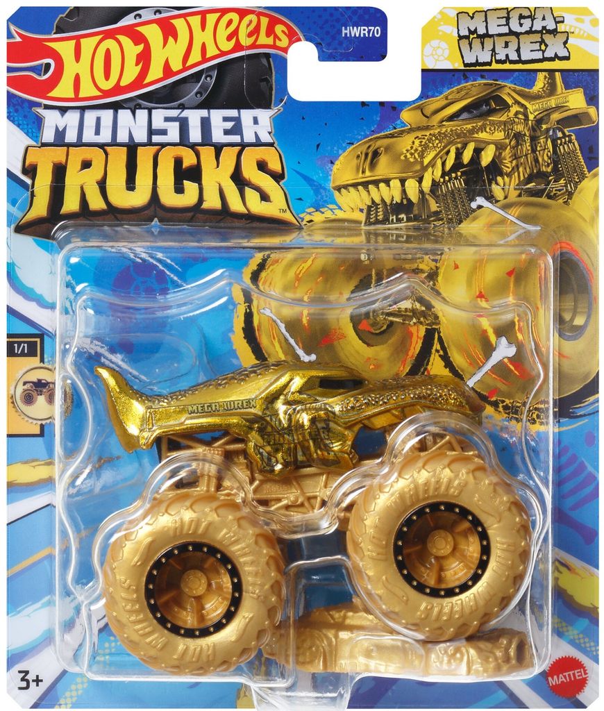 A Hot Wheels Monster Trucks Mega-Wrex toy in gold packaging.