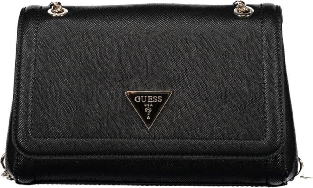 A black Guess crossbody bag with a silver logo.
