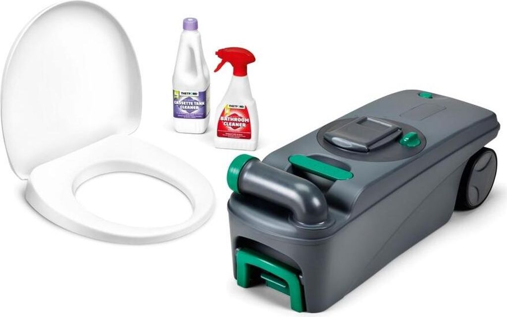 A toilet seat, two cleaning bottles, and a waste tank are arranged on a white background.