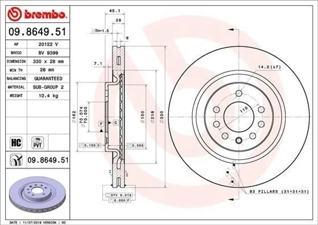 Brembo 09.8649.51 Disque de frein haute teneur en carbone Corsa E
