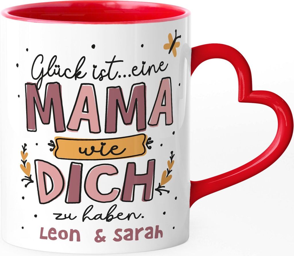 Kaffee-Tasse Glück ist eine Mama wie dich zu haben personalisiert Kinder Namen Geschenk Herzhenkel Muttertag SpecialMe rosa weiss-herz-innen-rot...