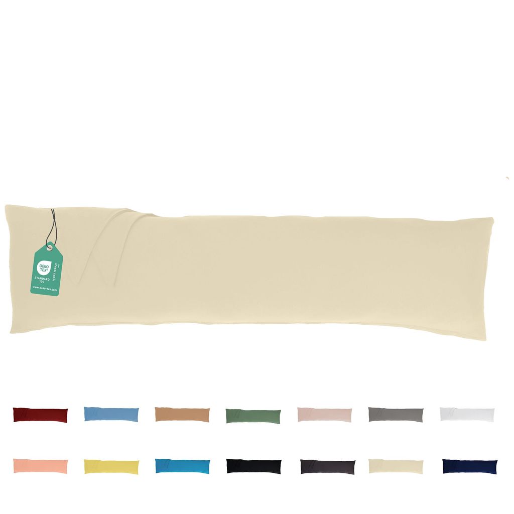 A long pillow is shown horizontally against a white background. Below the pillow, there are several small colored rectangles representing different color options for the pillow.