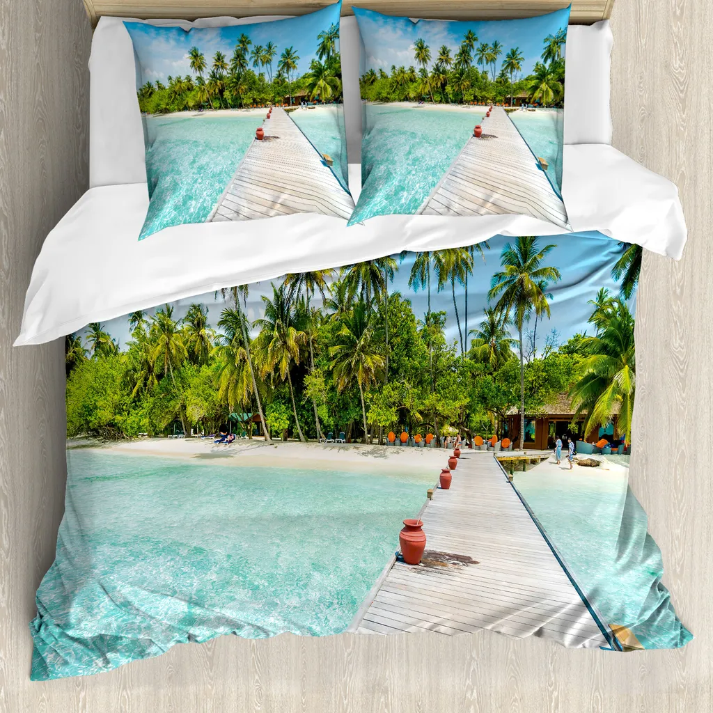 ABAKUHAUS Copripiumino tropicale, spiaggia dell'isola delle Maldive, antiacaro, adatto a chi soffre di allergie, con federe, 200 cm x 200 cm - 80 x 80 cm, verde felce-turchese