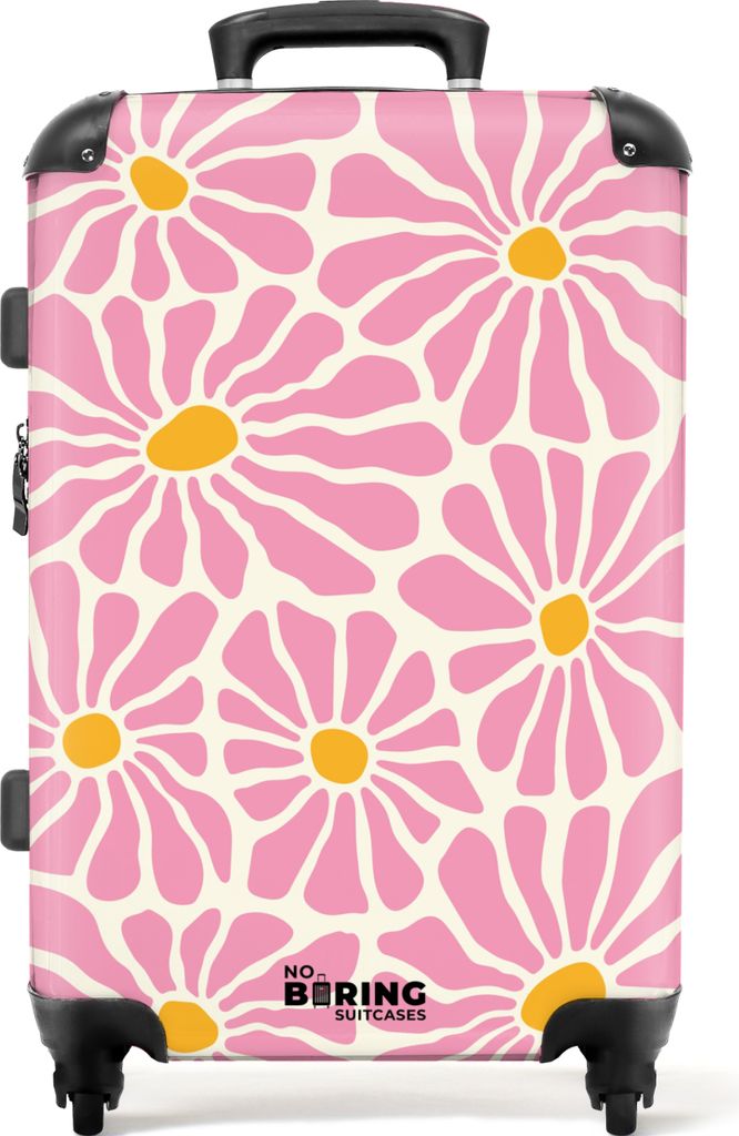 NoBoringSuitcases.com Großer Koffer - Beige mit rosa und orangefarbenen Blumen - Kombinationsschloss TSA - Hartschalen Trolley 4 Rollen - 72 lit...