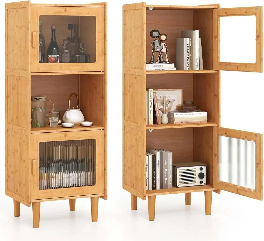 Buffet de cuisine haut en bambou naturel avec vitrine et niche ouverte
